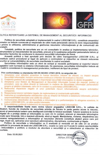 POLITICA REFERITOARE LA SISTEMUL DE MANAGEMENT AL SECURITATII INFORMATIEI